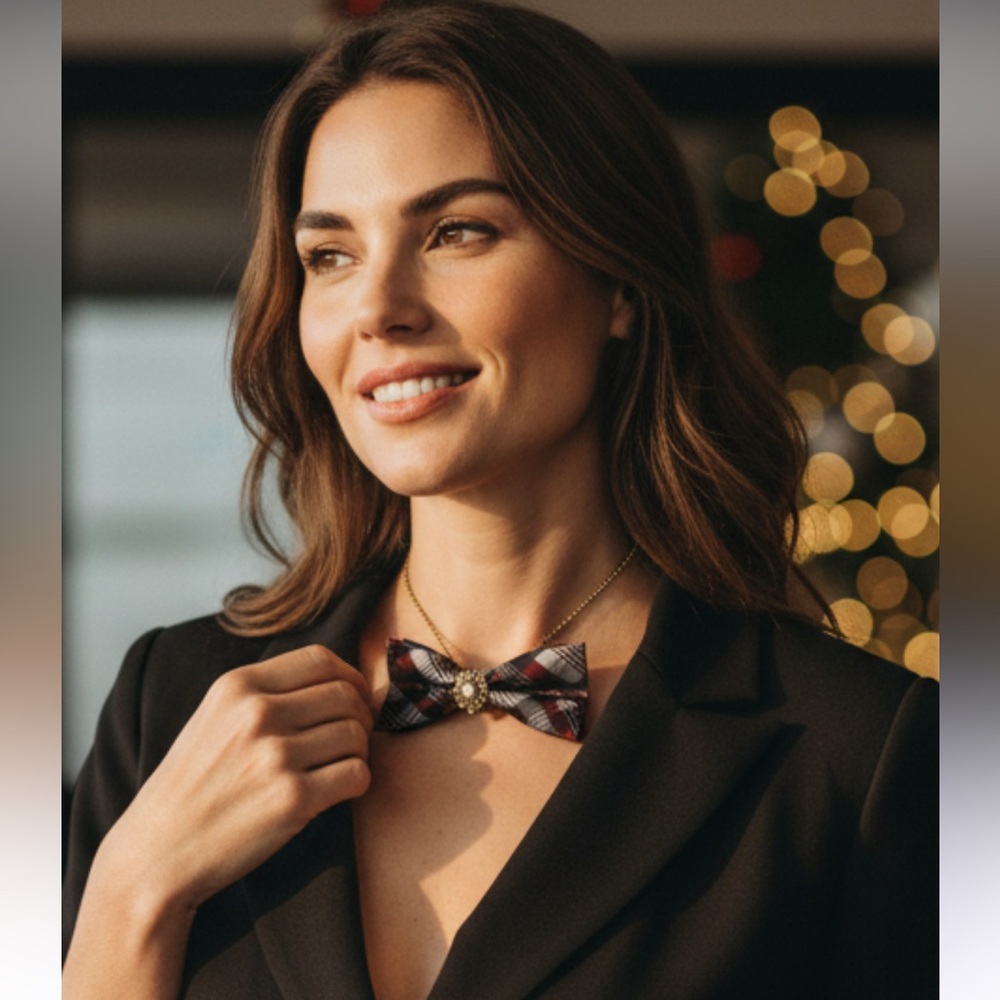 “Dainty Dapper” Plaid BowTie Necklace with cameo adornment